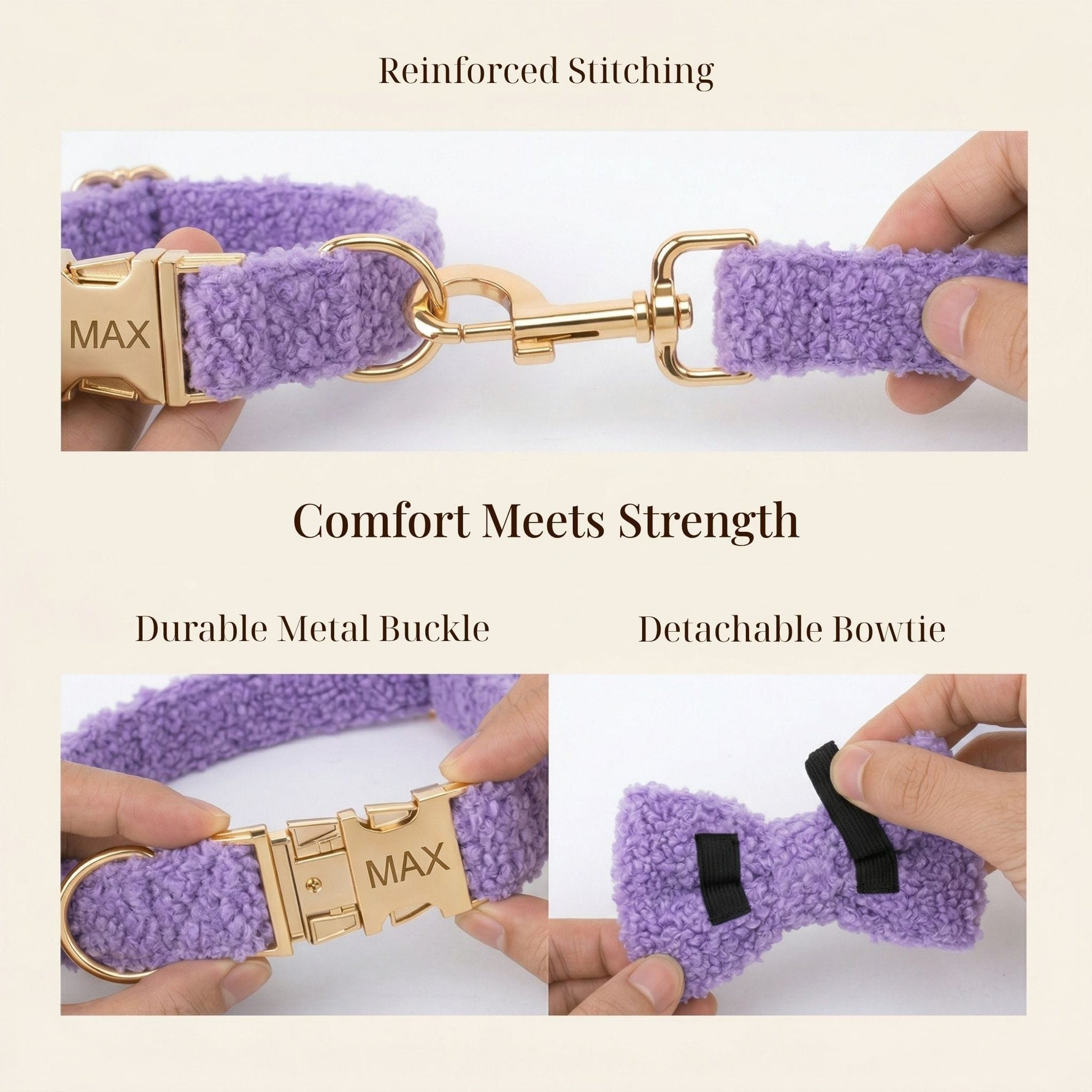 Purple teddy harness and leash with gold metal buckles and reinforced stitching