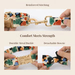 Floral dog collar buckle close-up with detachable bowtie detail and gold clasp