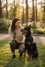 Dog joint health supplement bottle held with medium-to-large dog in view