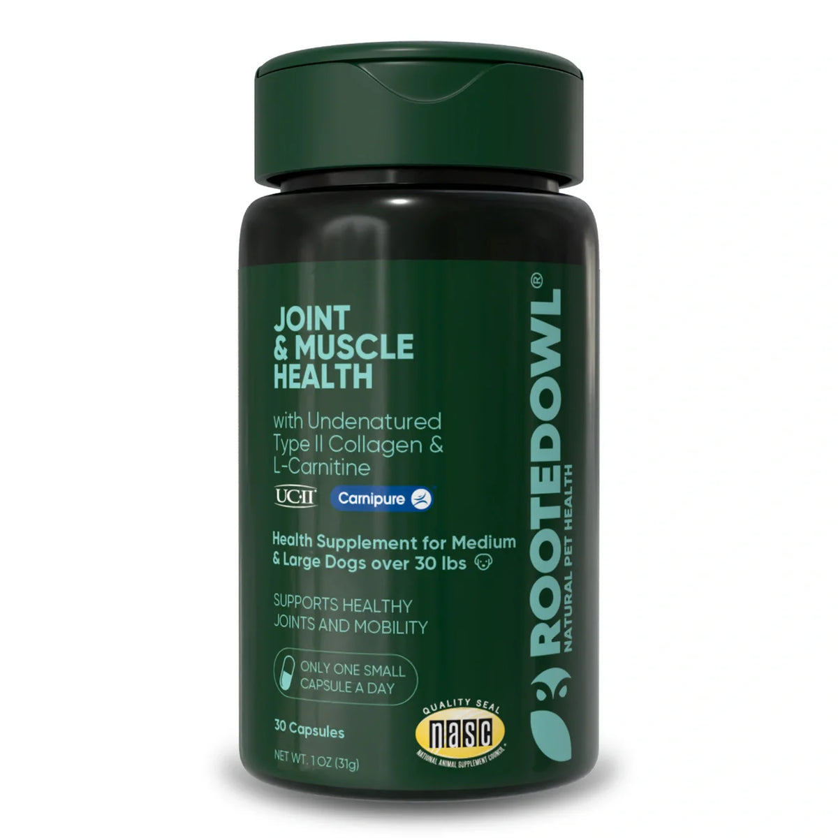 Dog joint and muscle health supplement bottle with label and dosage info