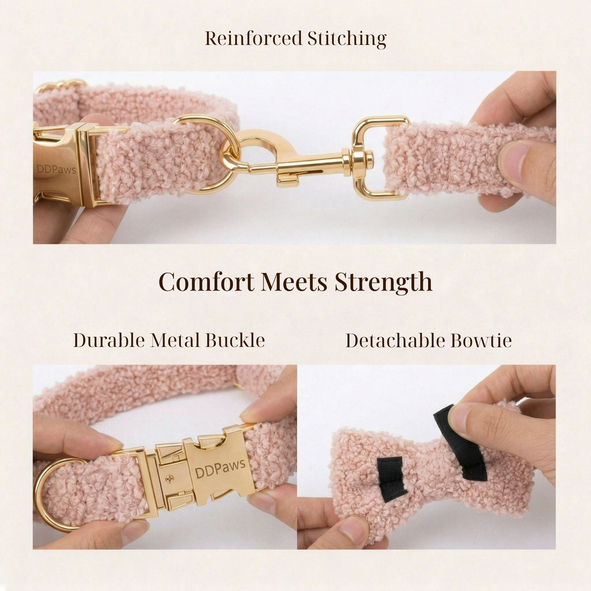 Blush pink teddy collar and detachable bowtie detail with gold buckle and clips