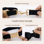 Black velvet dog harness with reinforced stitching and detachable bowtie, gold hardware