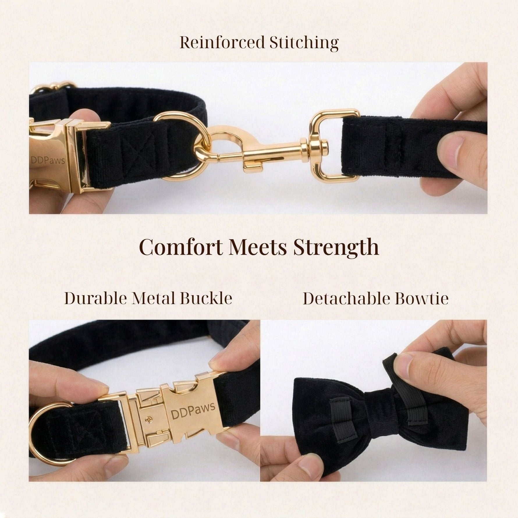 Black velvet dog harness with reinforced stitching and detachable bowtie, gold hardware