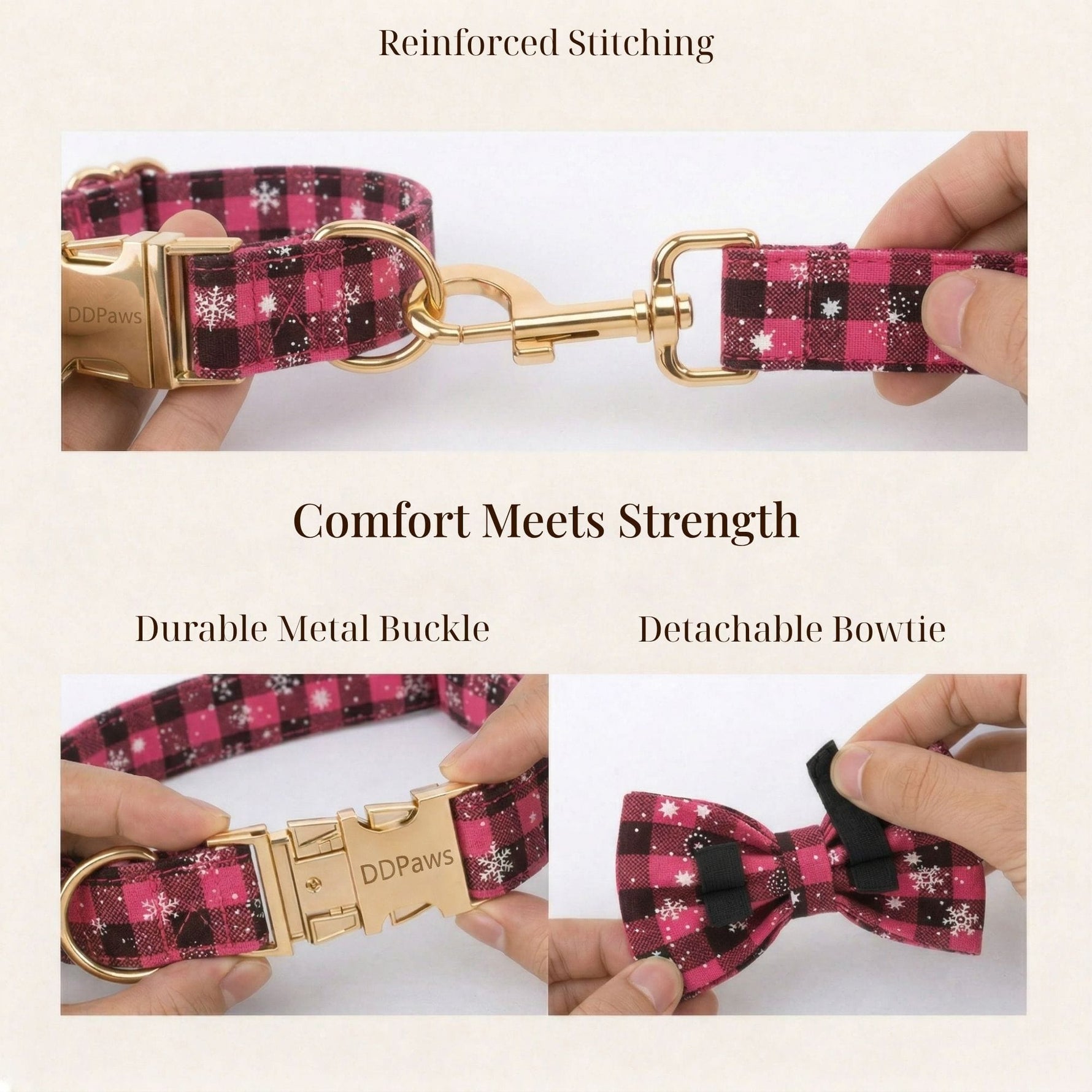 Plaid dog collar with detachable bowtie, gold buckle, and reinforced stitching