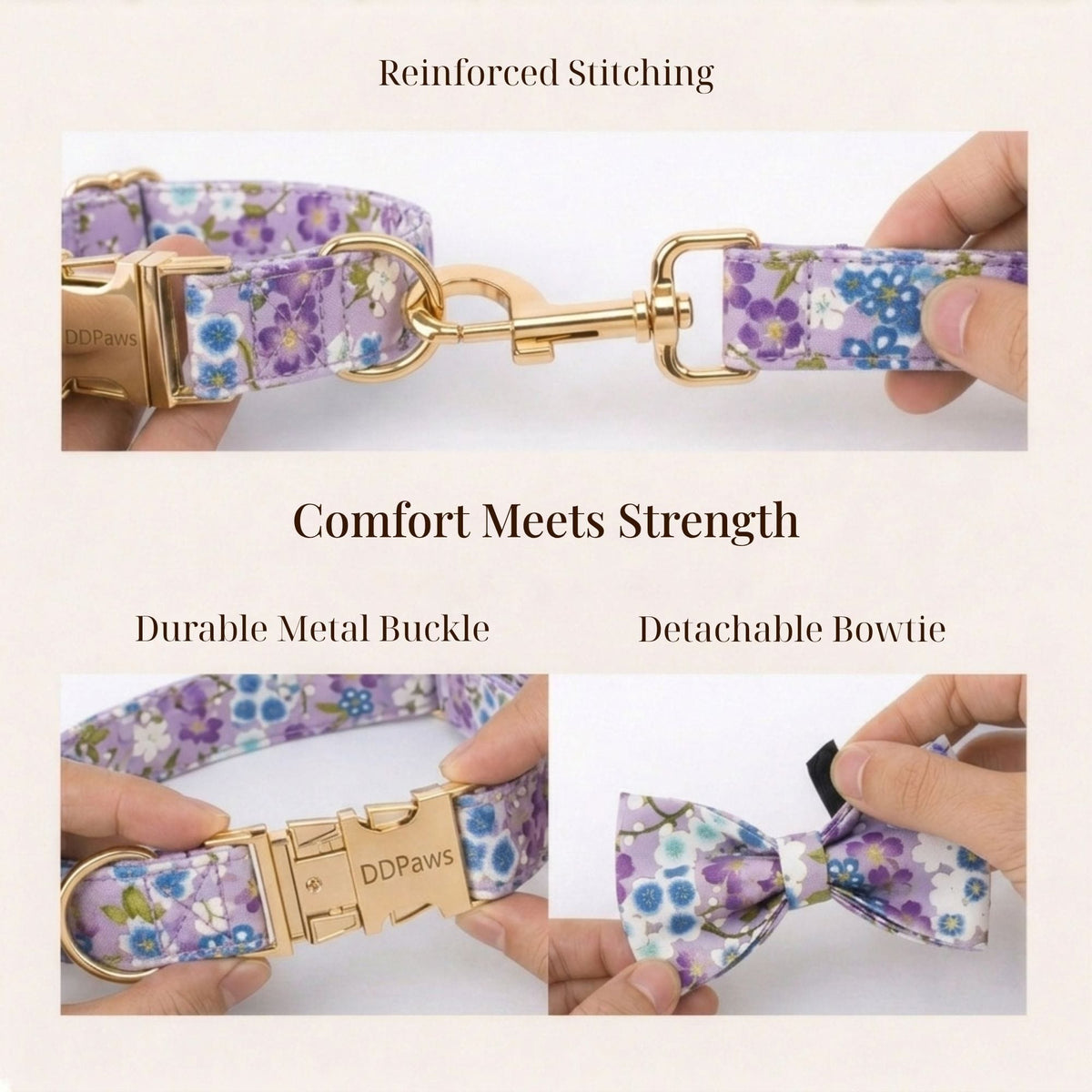 Lilac floral dog collar and detachable bow tie, durable stitching and metal buckle