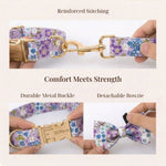 Lilac floral dog collar and detachable bow tie, durable stitching and metal buckle