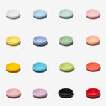 Assorted stoneware pet bowls, round shallow dish with glossy colorful finish.