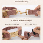 Dusty pink velvet dog harness with reinforced stitching and metal buckle close-up