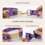 Purple bat-print dog collar with reinforced stitching and detachable bowtie