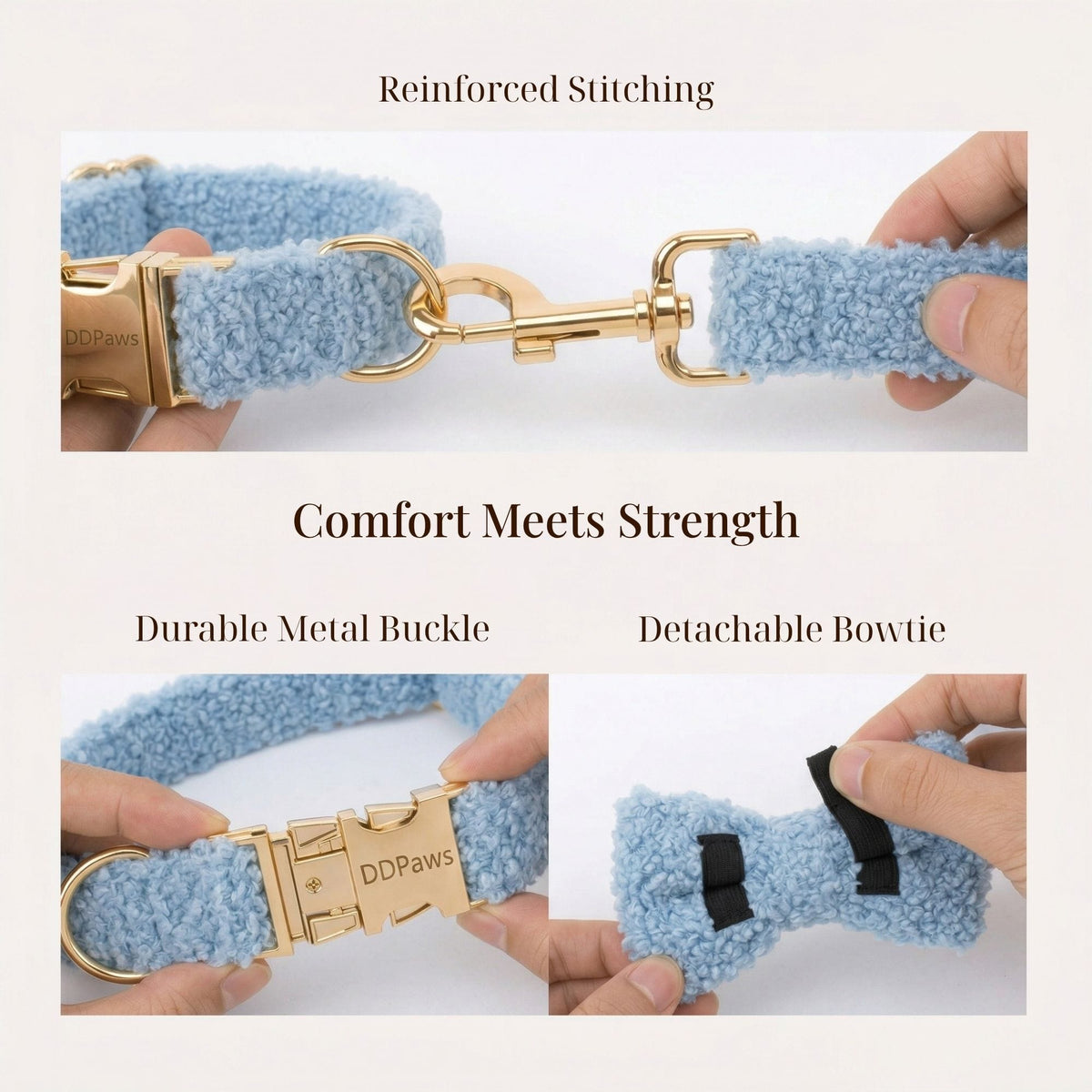 Light blue teddy harness with reinforced stitching, metal buckle, and detachable bowtie