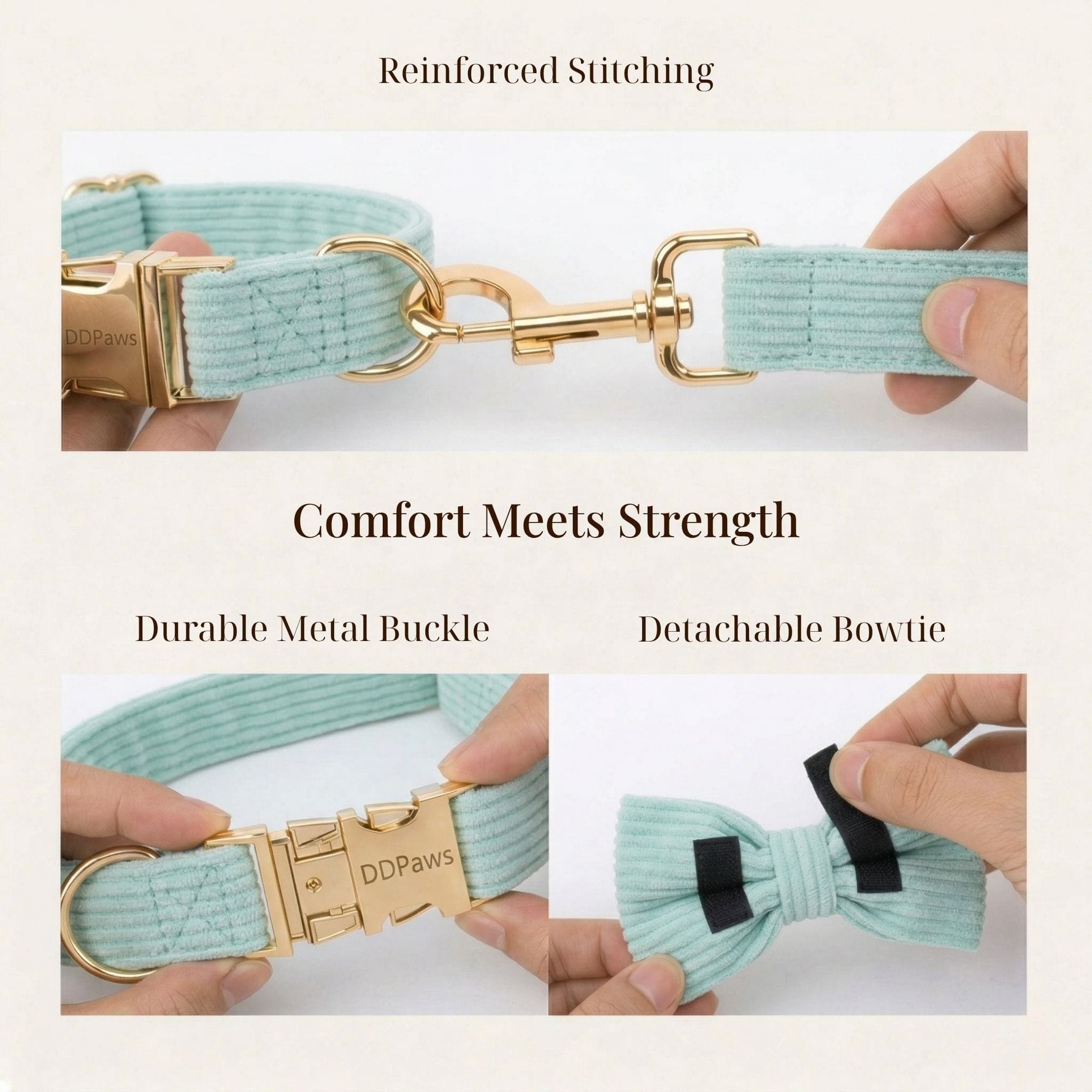 Teal corduroy dog leash and collar close-up with gold buckles and detachable bowtie