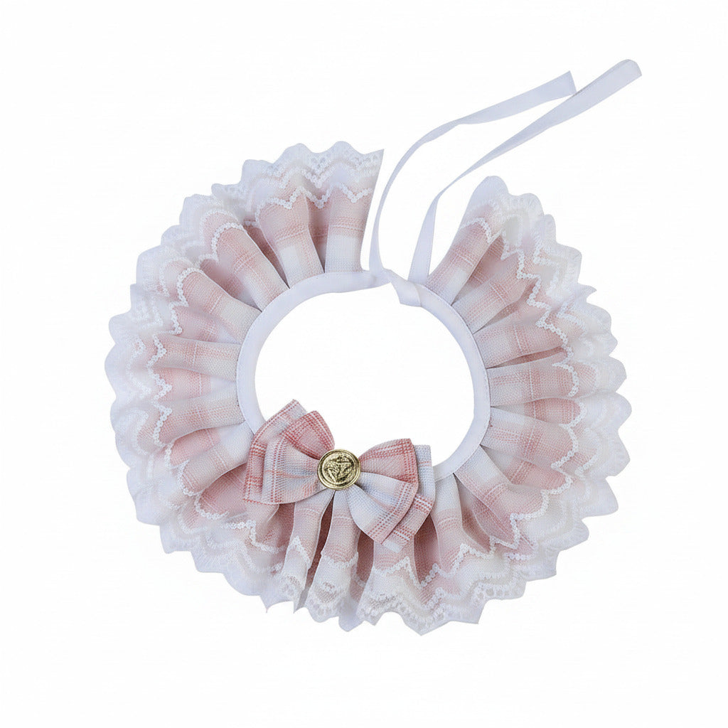 Pink ruffled bib collar for cats and dogs with bow and dangling ribbons