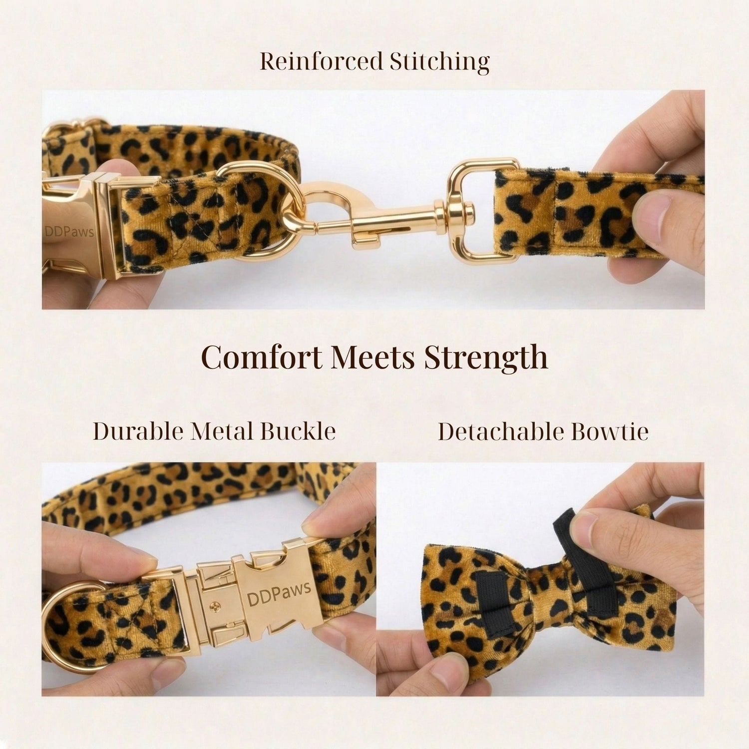 Velvet leopard collar and leash set with metal buckle and detachable bow tie