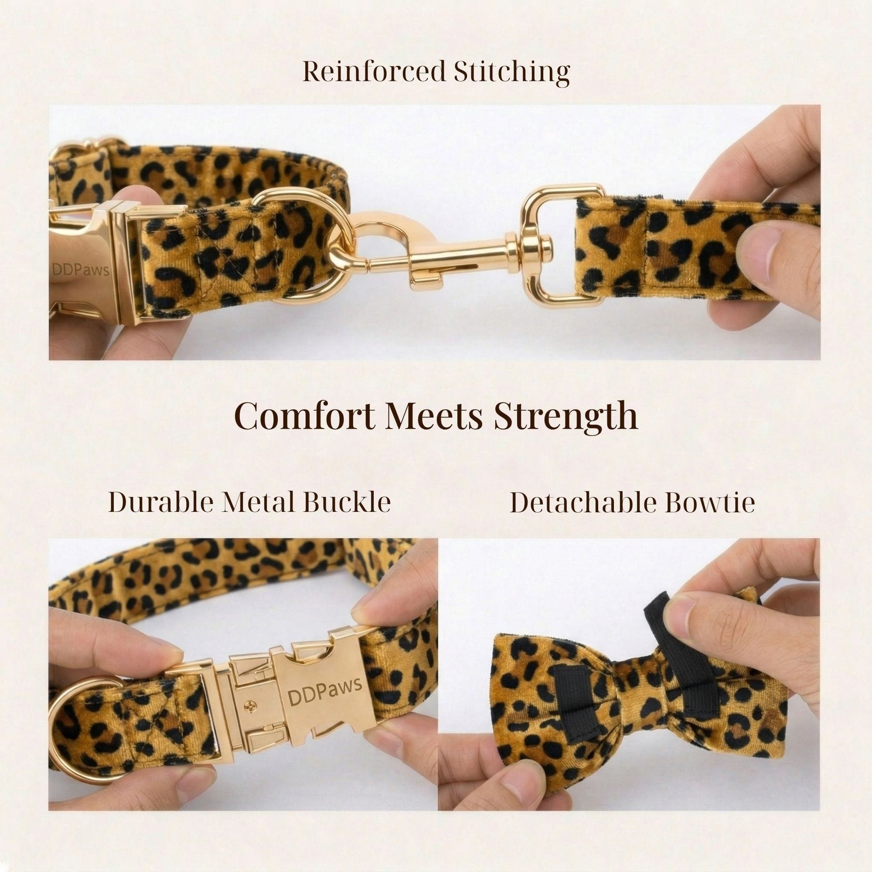 Velvet leopard collar and leash set with metal buckle and detachable bow tie