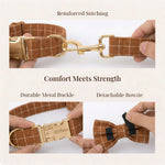 Brown plaid dog harness with metal buckle and detachable bow tie