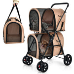 4-in-1 double pet stroller in beige with detachable carrier and travel carriage