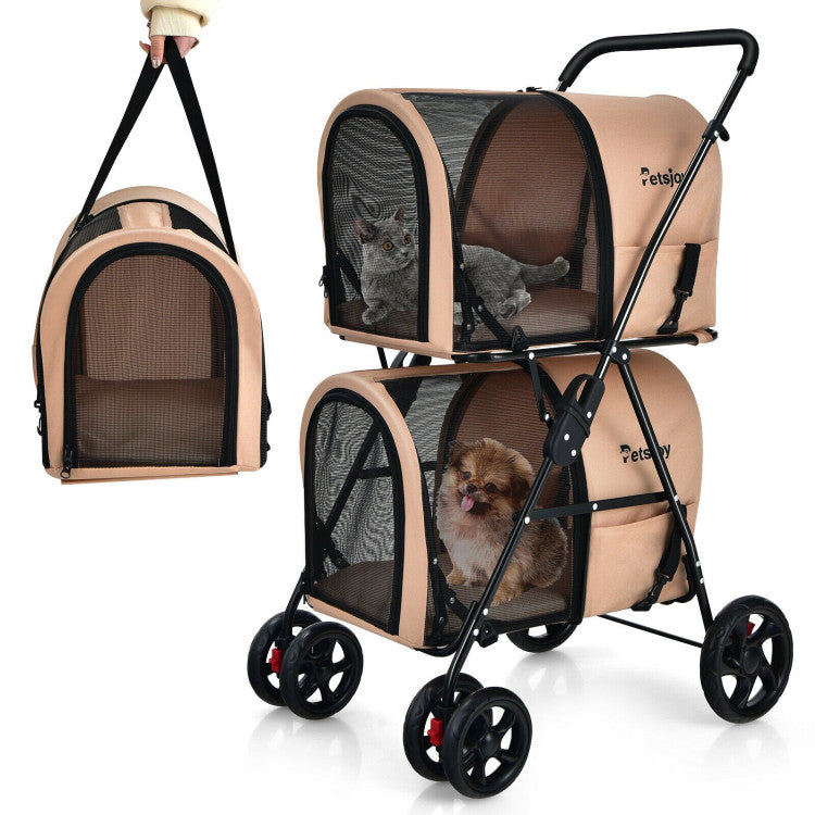 4-in-1 double pet stroller in beige with detachable carrier and travel carriage