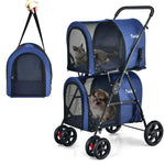 4-in-1 double pet stroller in blue with detachable carrier and travel carriage