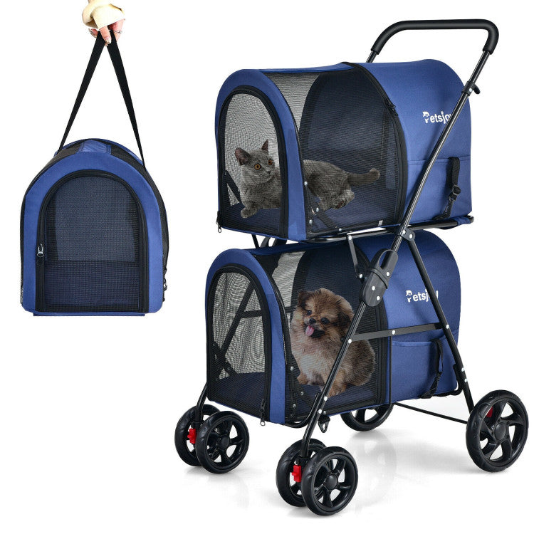 4-in-1 double pet stroller in blue with detachable carrier and travel carriage