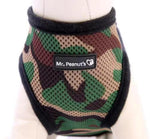 Camo mesh dog harness with padded neck and Mr. Peanut's logo patch