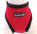 Red mesh dog harness with black trim and Mr. Peanut's logo patch