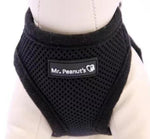 Black mesh dog harness with black trim and Mr. Peanut's logo patch