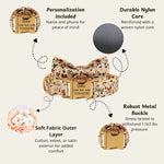 Diagram showing dog collar features: personalization, durable nylon core, metal buckle