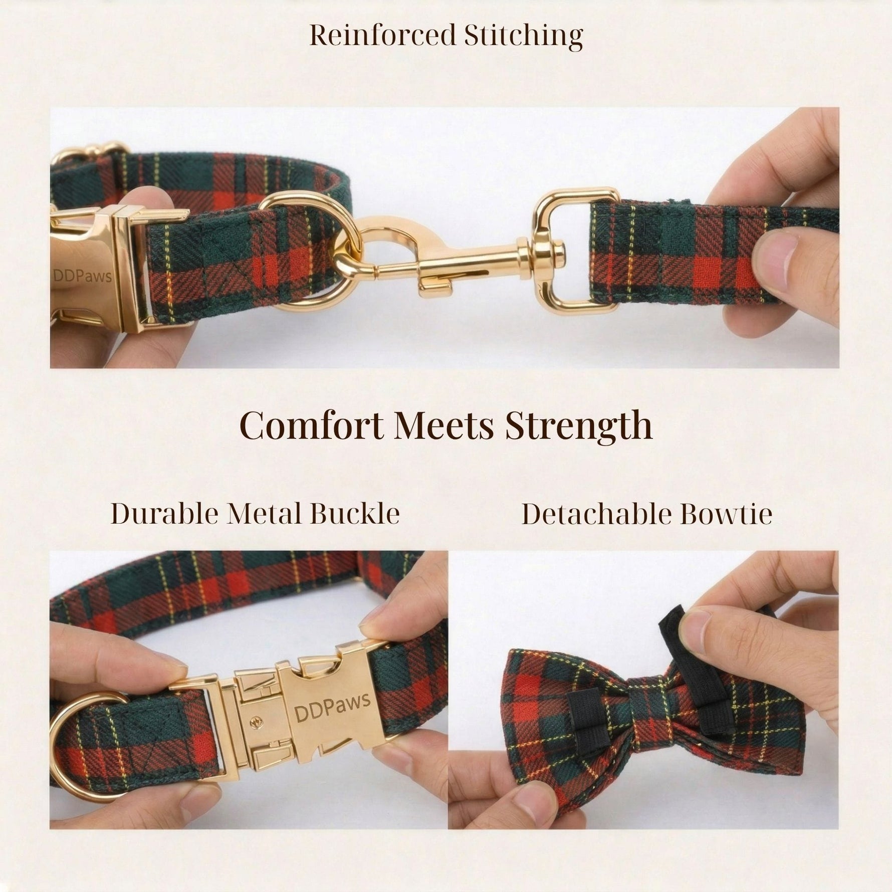 Dog harness with red-green tartan reinforced stitching, metal buckle and bow tie