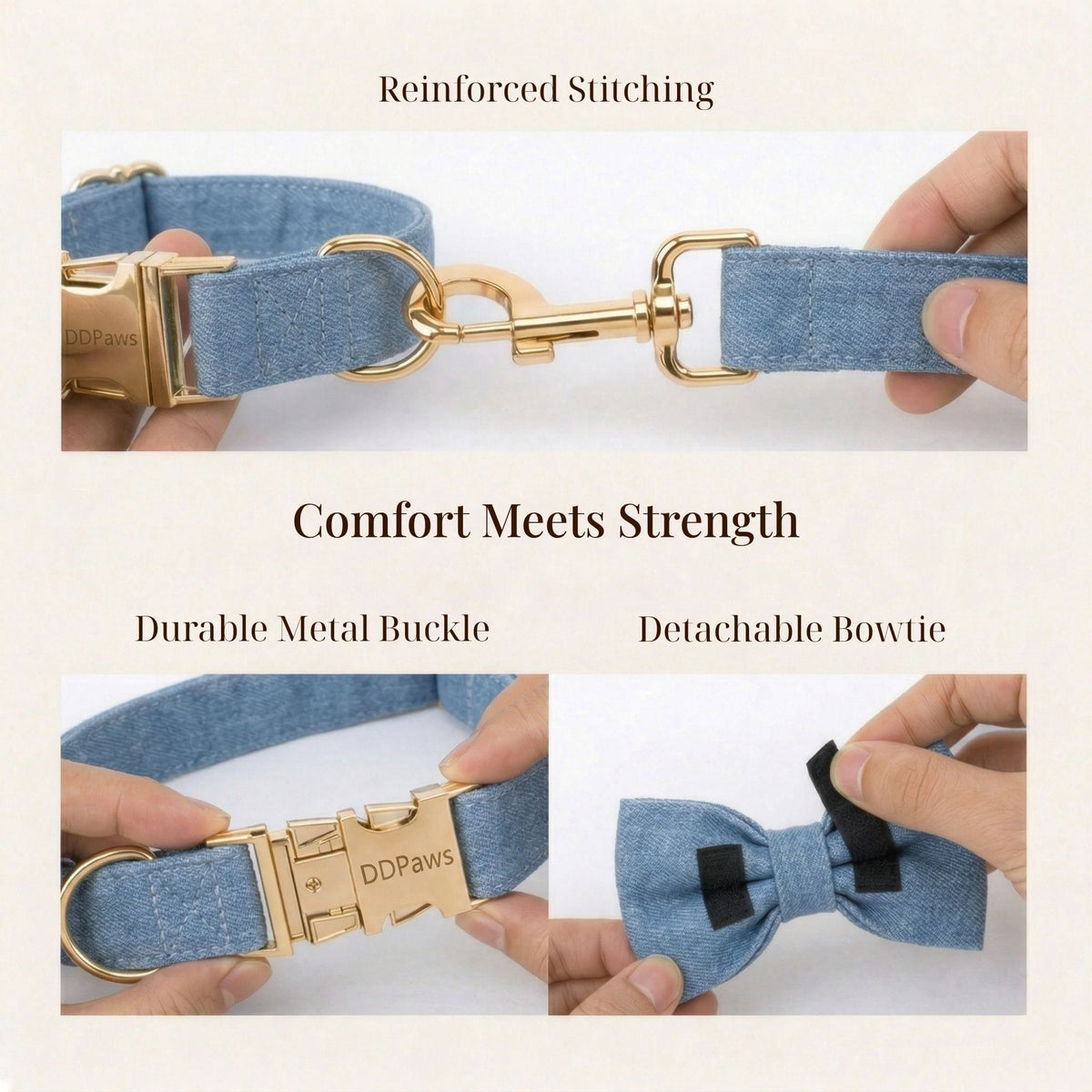Blue denim dog harness collar with reinforced stitching and detachable bowtie, gold buckles
