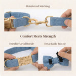 Blue denim dog harness collar with reinforced stitching and detachable bowtie, gold buckles