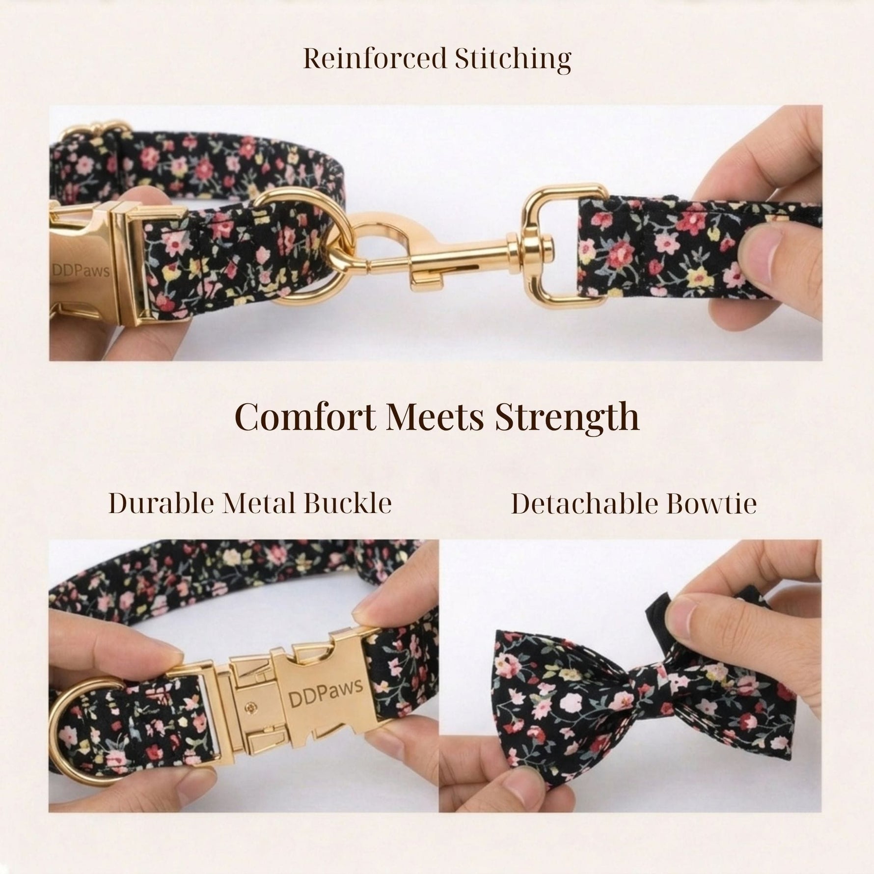 Black floral dog collar with reinforced stitching, gold buckle, and detachable bowtie