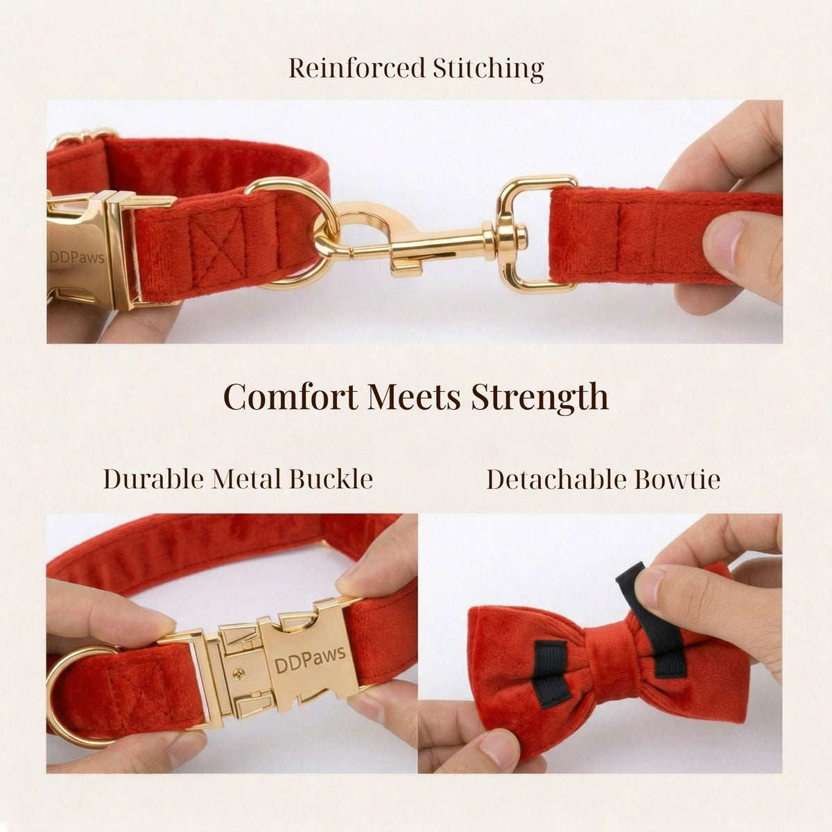 Red velvet dog collar set with reinforced stitching, metal buckle, and detachable bowtie