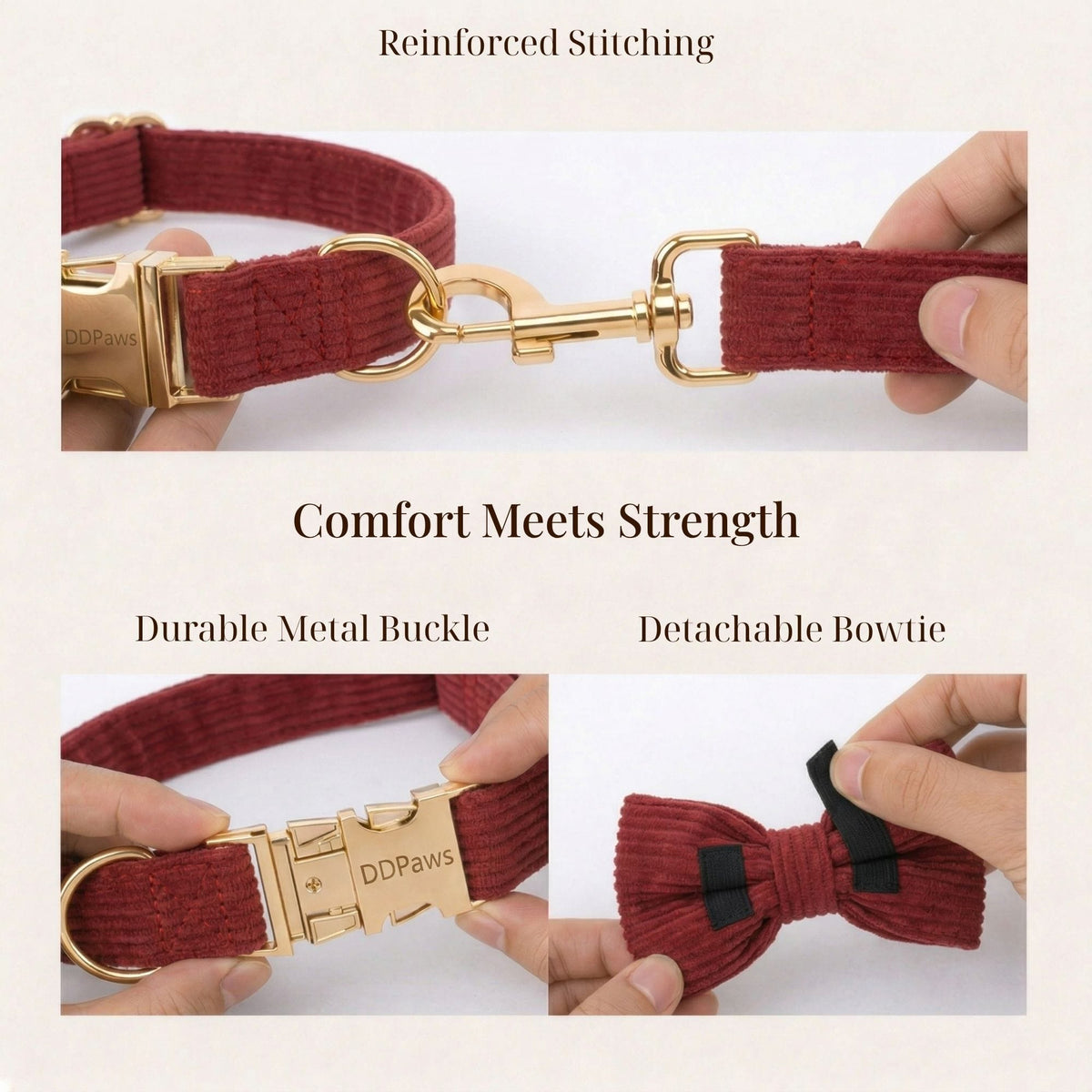 Dark red corduroy dog harness close-up with gold metal buckle and detachable bowtie