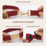 Dark red corduroy dog harness close-up with gold metal buckle and detachable bowtie