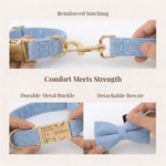 Blue corduroy dog collar set with reinforced stitching and gold metal buckle close-up