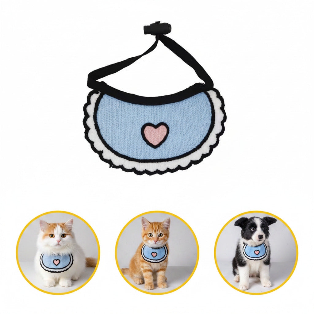 Blue pet bib collar with black edging and pink heart center