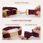 Adjustable burgundy velvet dog collar with reinforced stitching, gold buckle, detachable bowtie