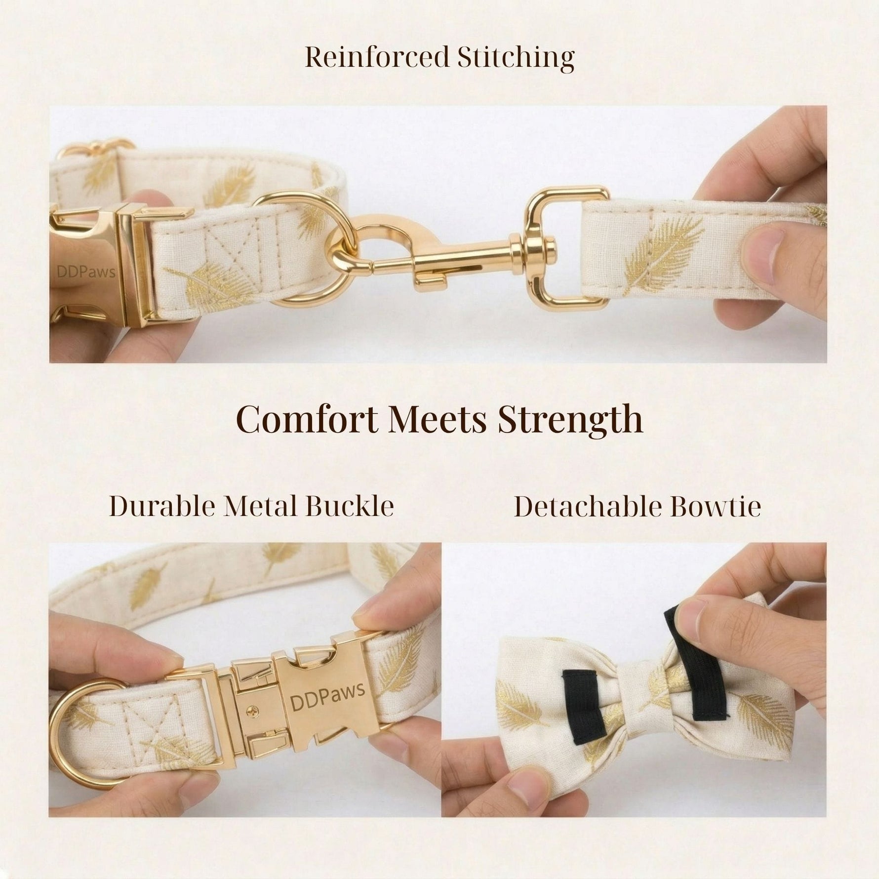 Ivory velvet dog collar with gold metal buckle, reinforced stitching, and detachable bowtie