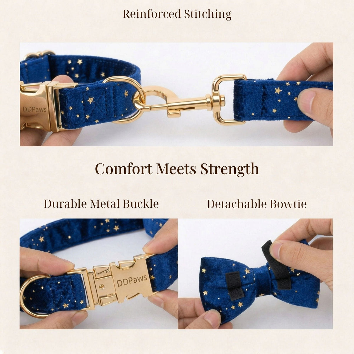 Velvet star-print collar with gold buckle and removable bow tie detail