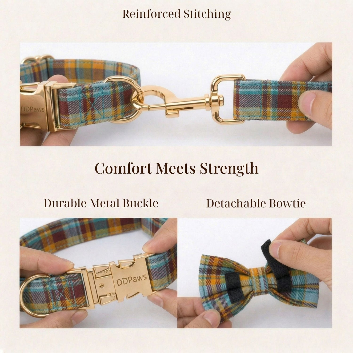 Plaid dog collar with reinforced metal buckle and detachable bow tie