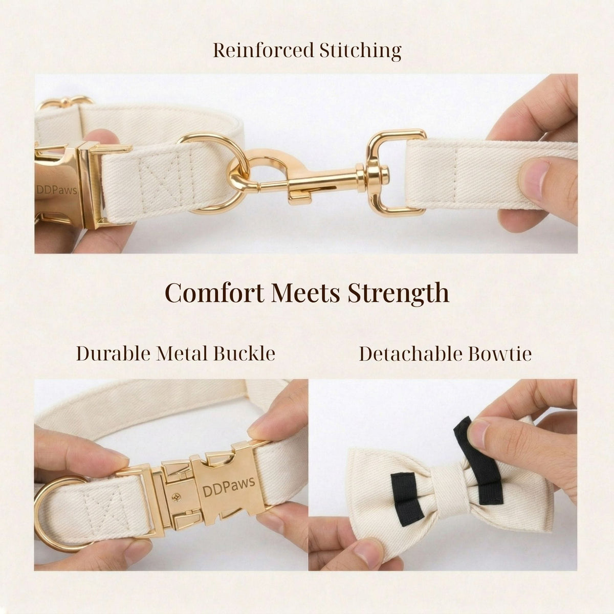 White dog collar and leash set details: reinforced stitching, metal buckle, detachable bowtie