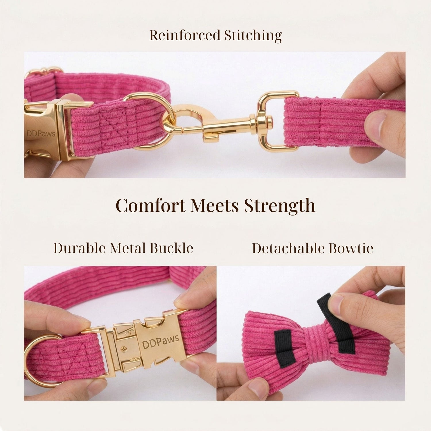 Corduroy collar and leash with metal buckle; detachable bow tie