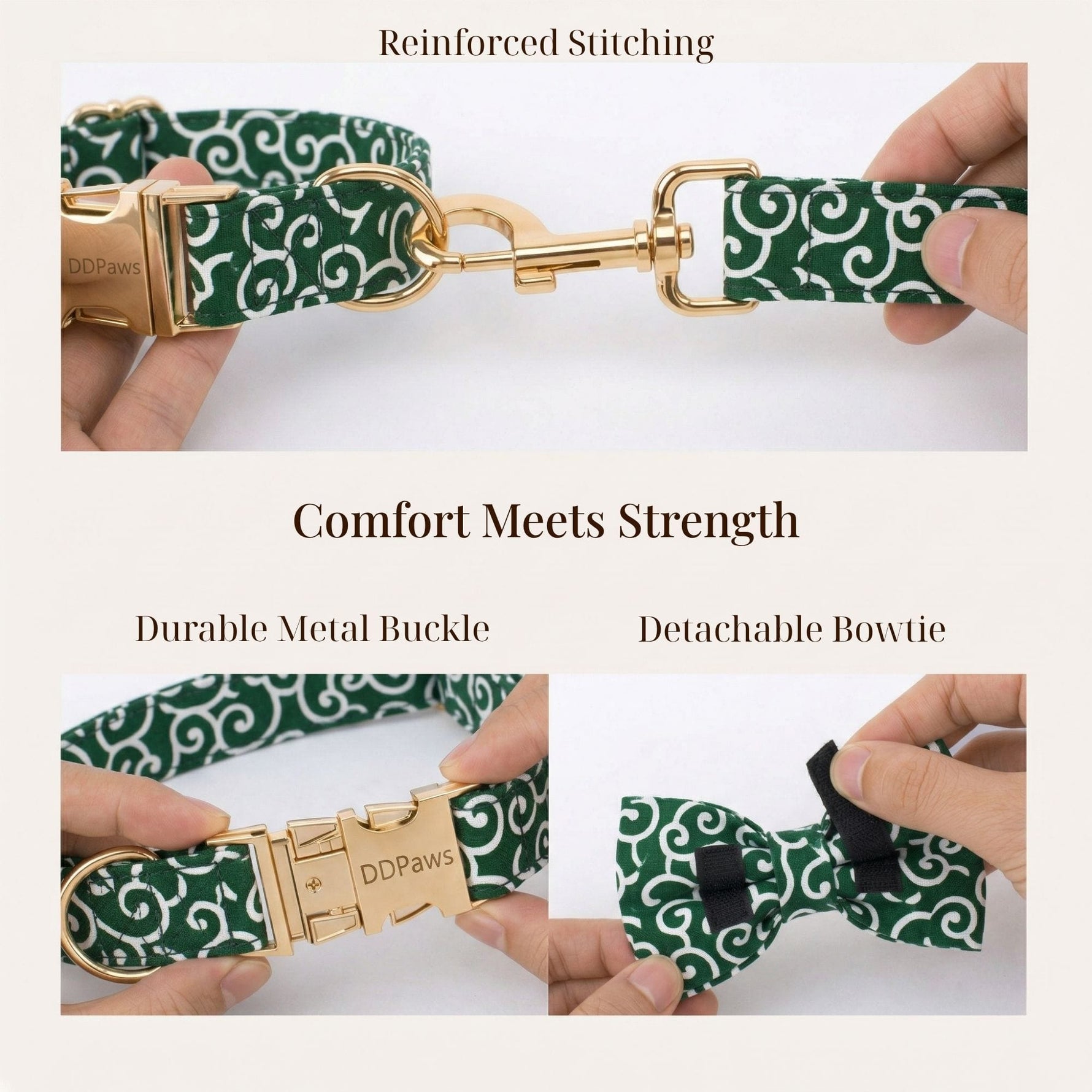 Green swirl collar clasp with gold buckle and detachable bow tie accessory