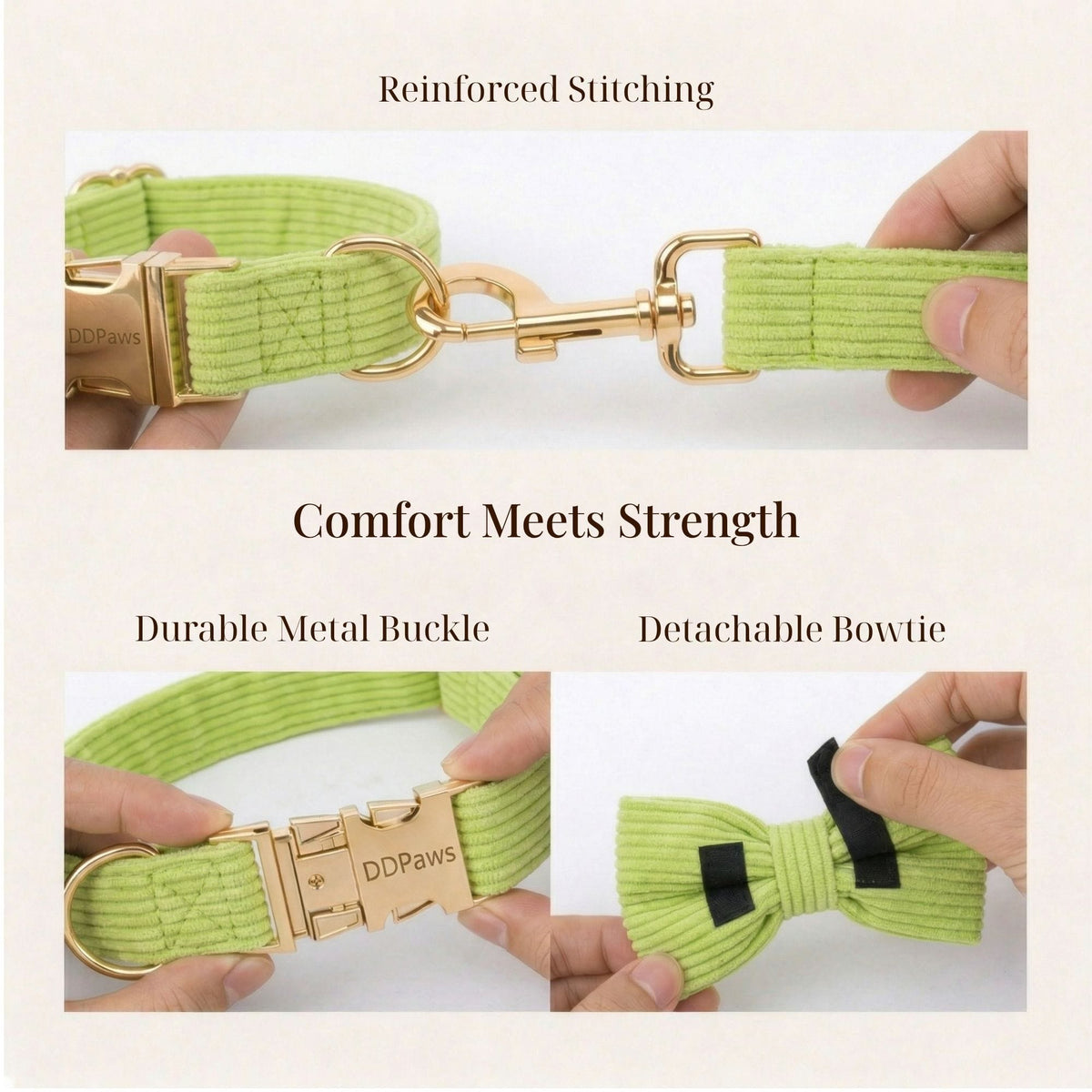 Apple green corduroy harness with metal buckle and detachable bow tie