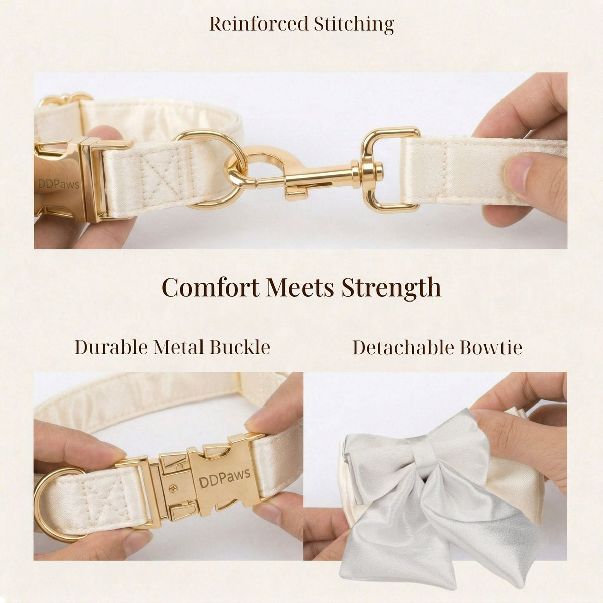 White satin harness detail with reinforced stitching and detachable bowtie, gold hardware
