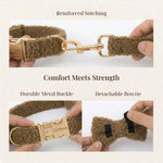 Brown teddy dog collar detail with reinforced stitching, gold buckle, and detachable bowtie