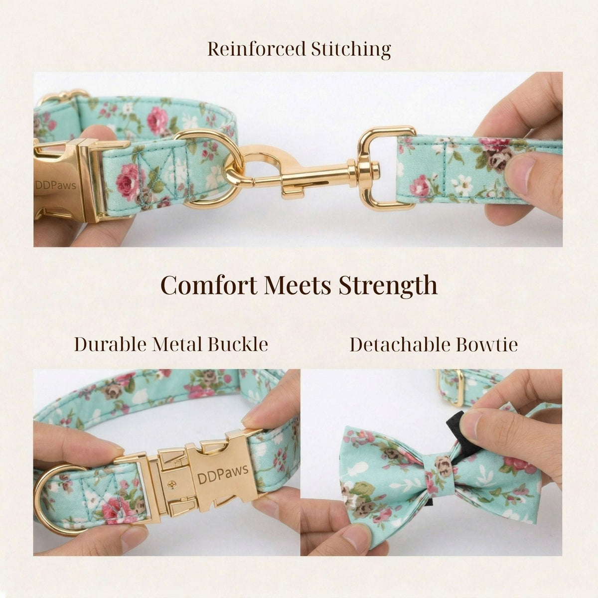 Floral teal dog collar with metal buckle and detachable bow tie