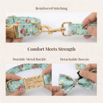 Floral teal dog collar with metal buckle and detachable bow tie
