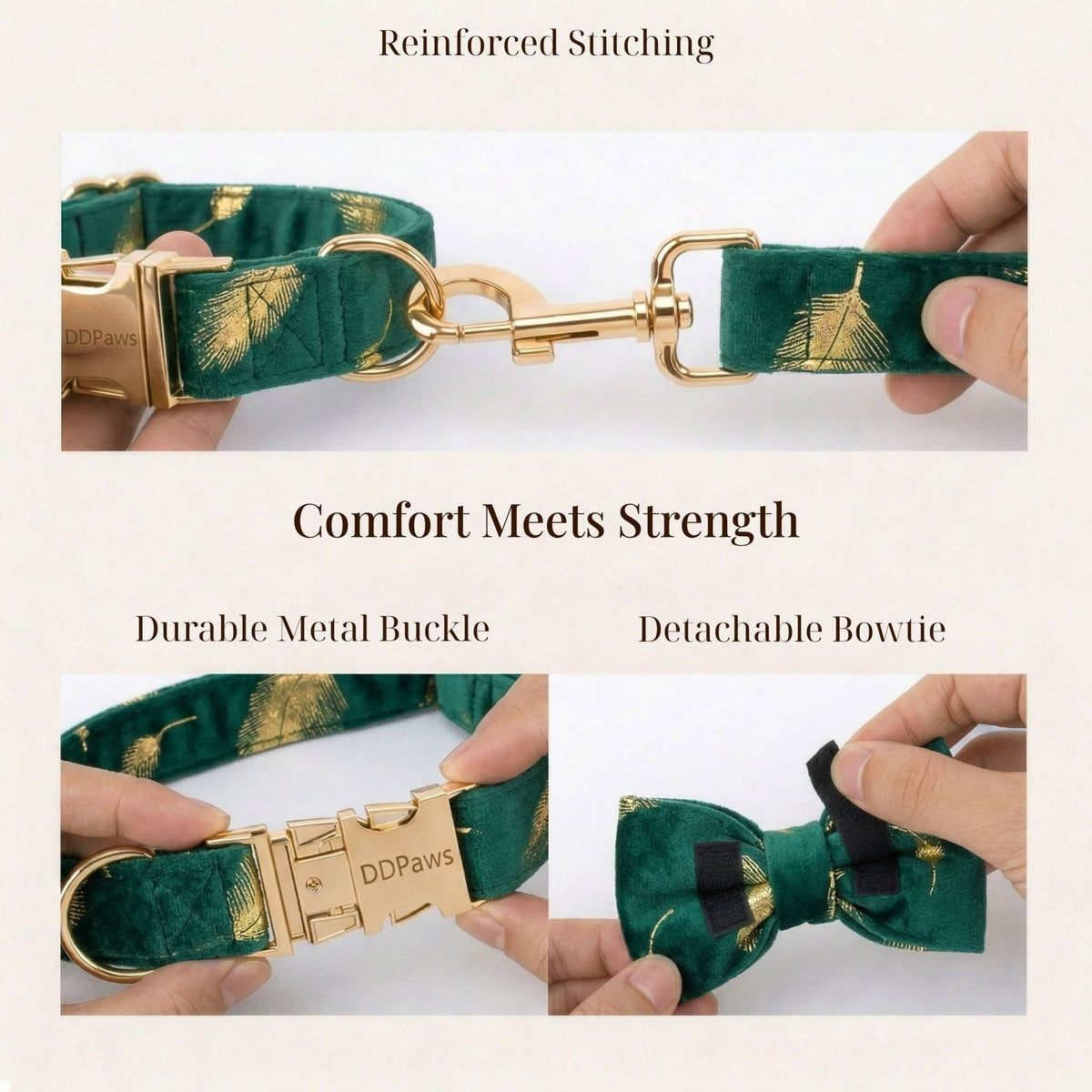 Green feather velvet collar and detachable bowtie detail with metal clips
