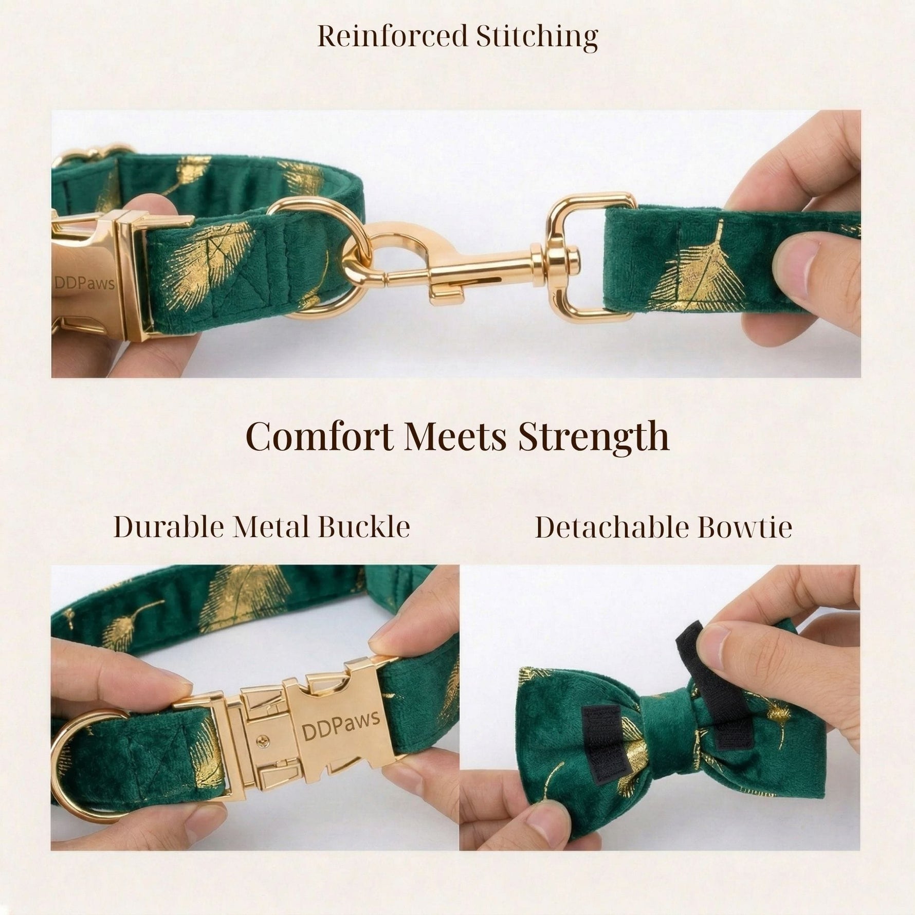 Green feather velvet collar and detachable bowtie detail with metal clips
